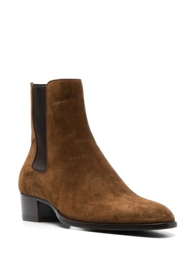 Shop Saint Laurent Wyatt Suede Chelsea Boots In Brown