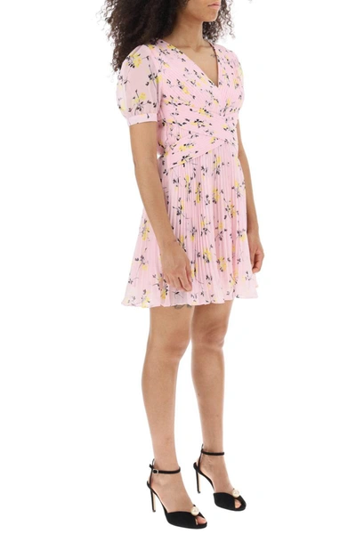 Shop Self-portrait Self Portrait Short-sleeved Mini Dress In Pleated Chiffon With Floral Motif In Pink
