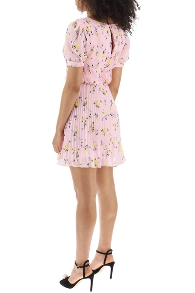 Shop Self-portrait Self Portrait Short-sleeved Mini Dress In Pleated Chiffon With Floral Motif In Pink