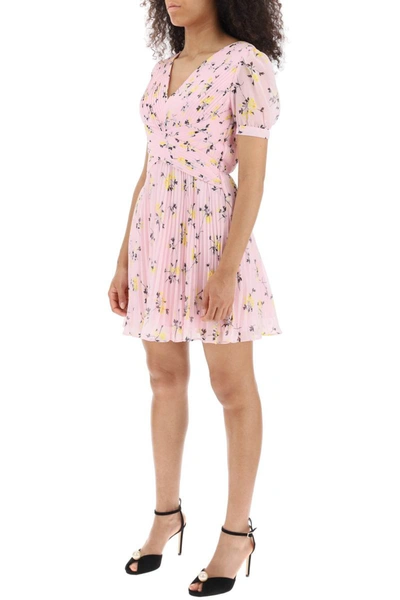 Shop Self-portrait Self Portrait Short-sleeved Mini Dress In Pleated Chiffon With Floral Motif In Pink