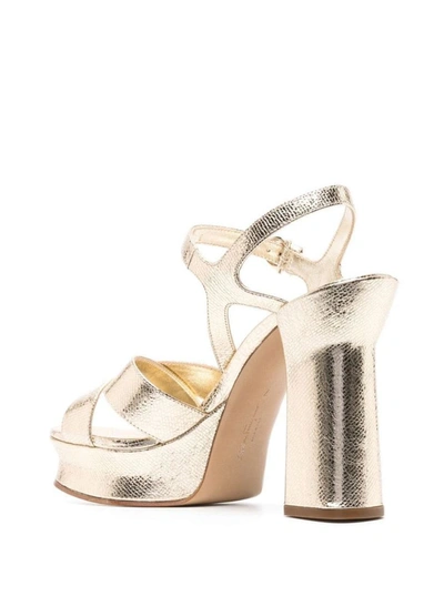 Shop Ferragamo Silver Tone Laminated Heeled Sonya Sandals In Calf Leather Woman In Metallic