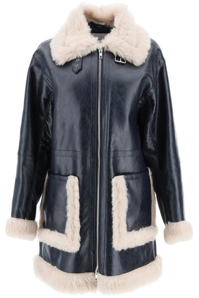 Shop Stand Studio 'rinna' Crinckled Faux Leather Jacket With Eco Fur In Blue