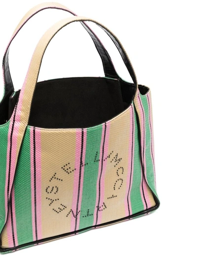 Shop Stella Mccartney Stella Logo Striped Raffia Tote Bag In Green