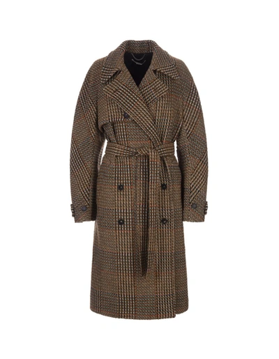 Shop Stella Mccartney Tweed Long Coat With Belt In Brown