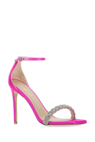 Stuart Weitzman Satin Strappy Sandals With Embellished Ankle Strap In Pink