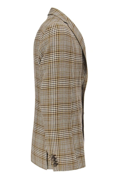 Shop Tagliatore Cotton And Linen Tartan Jacket In Brown/ocher