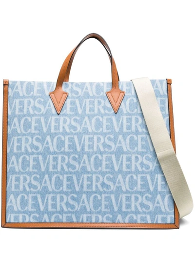 Versace Allover-print Denim Tote Bag In Light Blue