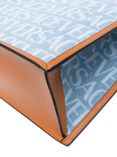 Versace Allover-print Denim Tote Bag In Light Blue