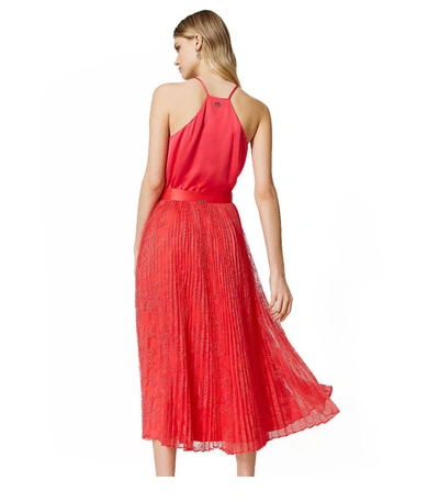 Shop Twinset Coral Lace Pleated Skirt In Pink