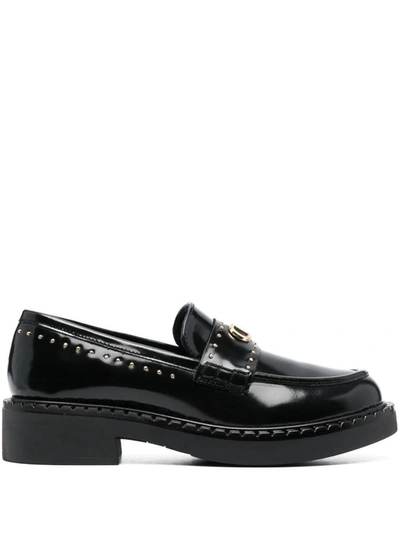 Shop Twinset Stud-embellished Loafers In Black