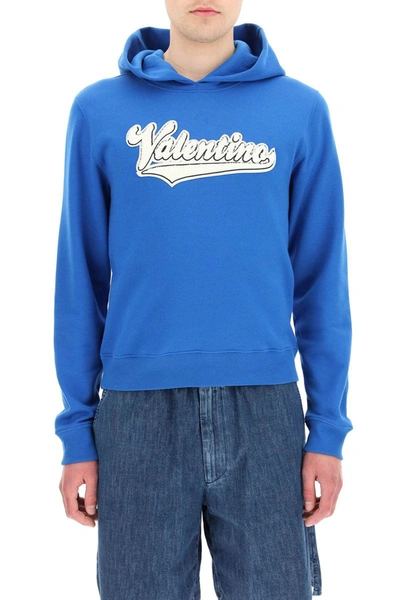 Shop Valentino Cotton Hoodie With Logo Patch In Blue