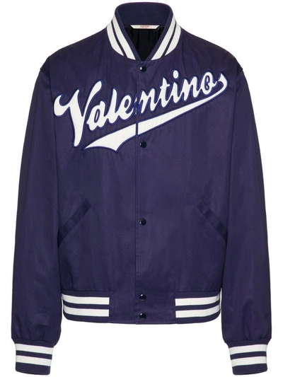 Shop Valentino Embroidered Logo Bomber Jacket In Blue