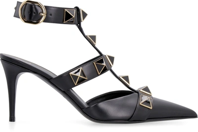 Shop Valentino Garavani - Roman Studs Leather Slingback Pumps In Black