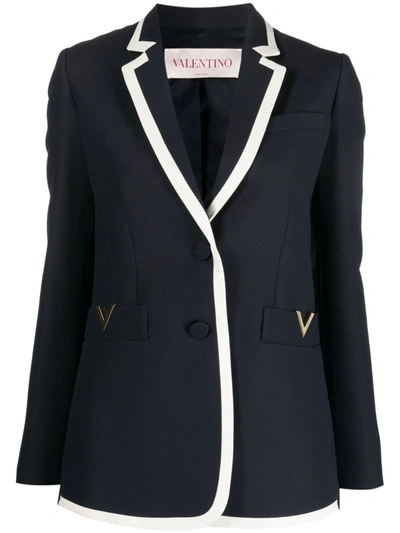 Shop Valentino Vlogo Wool Blazer Jacket In Blue