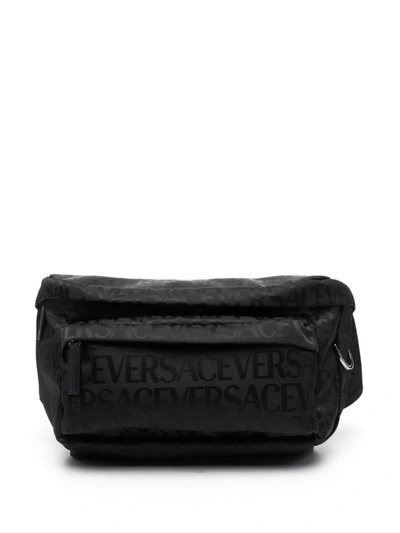 Shop Versace All Over Logo Nylon Belt Bag In Black