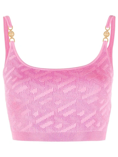 Shop Versace Cropped Knitted Top In Pink