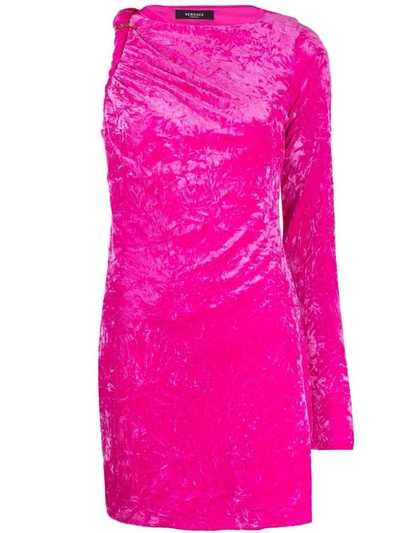 Shop Versace One-shoulder Velvet Short Dress In Fuchsia