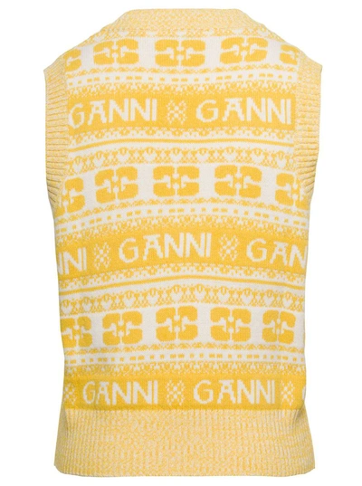 Shop Ganni Yellow Vest With Jacquard Logo Motif In Wool Blend Woman