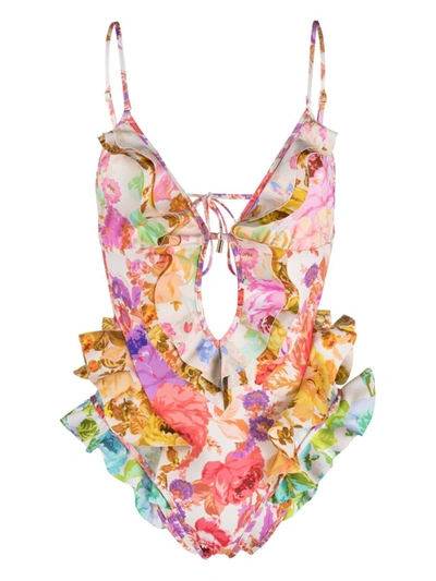 Shop Zimmermann Floral Print One-piece Swimsuit In Multicolour