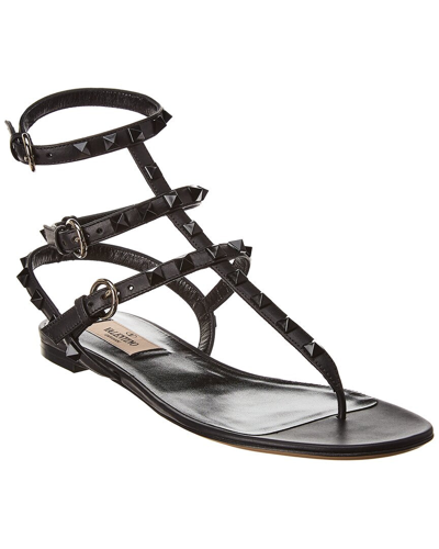Shop Valentino Rockstud Caged Leather Ankle Strap Sandal In Black
