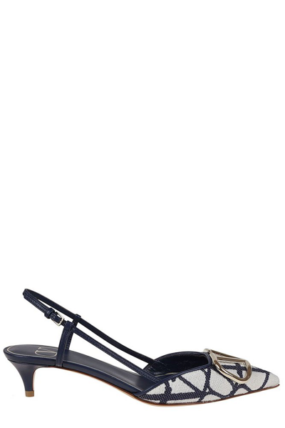 Shop Valentino Vlogo Plaque Pointed Toe Slingback Pumps In Blue