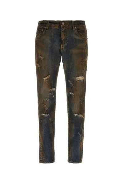 Shop Dolce & Gabbana Man Two-tone Stretch Denim Jeans In Blue