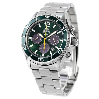 Pre-owned Orient Mako Rn-tx0204e Panda Green Dial Solar Analog Chronograph Men Watch