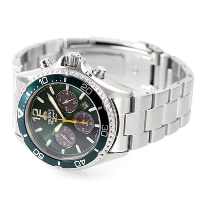 Pre-owned Orient Mako Rn-tx0204e Panda Green Dial Solar Analog Chronograph Men Watch