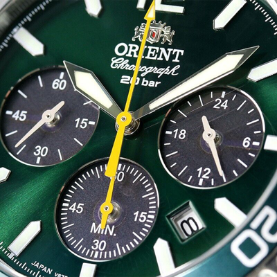 Pre-owned Orient Mako Rn-tx0204e Panda Green Dial Solar Analog Chronograph Men Watch