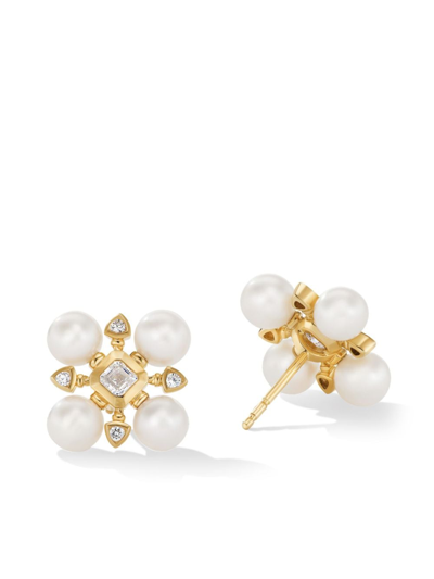 David Yurman 18kt Yellow Gold Renaissance Pearl And Diamond Stud Earrings In Gold