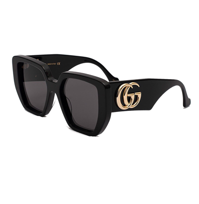 Pre-owned Gucci 0956 Black 003 Gg Gold Logo Chunky Sunglasses Gg0956s Women Authentic In Gray