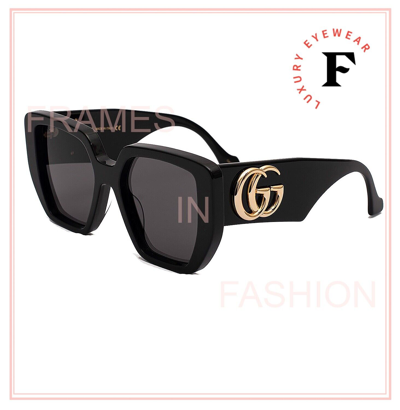 Pre-owned Gucci 0956 Black 003 Gg Gold Logo Chunky Sunglasses Gg0956s Women Authentic In Gray