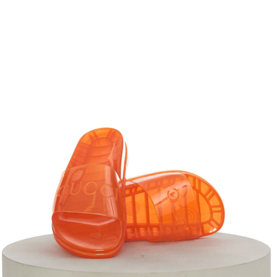 Pre-owned Gucci 450$ Men's Slide Sandals -  Logo, Transparent Orange Rubber
