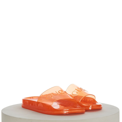 Pre-owned Gucci 450$ Men's Slide Sandals -  Logo, Transparent Orange Rubber