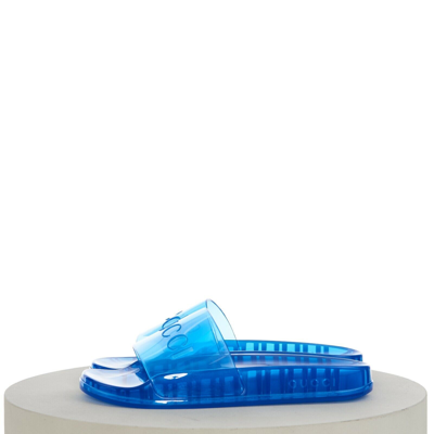Pre-owned Gucci 450$ Men's Slide Sandals -  Logo, Transparent Blue Rubber