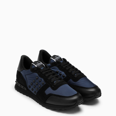 Shop Valentino Garavani Blue/black Fabric And Leather Low-top Sneakers Men