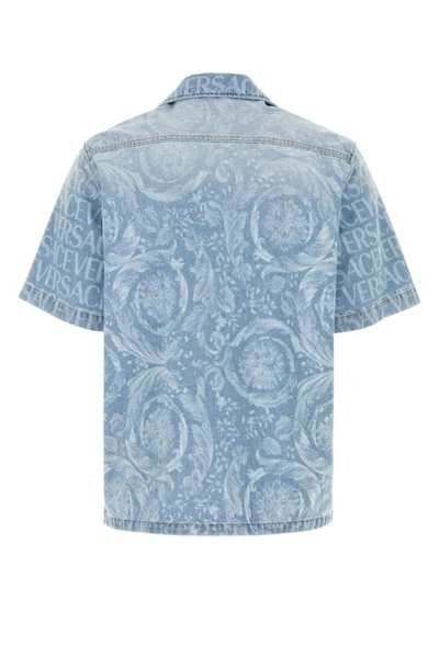 Shop Versace Man Printed Denim Shirt In Blue