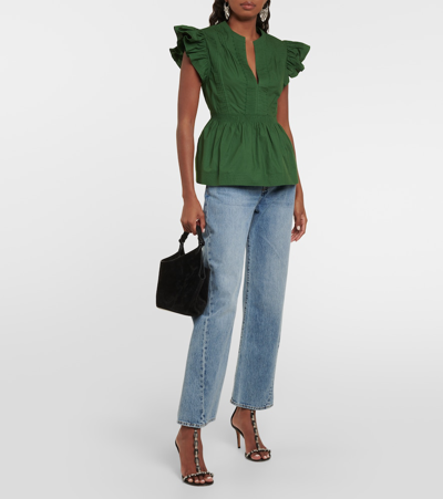 Shop Ulla Johnson Luise Cotton Poplin Top In Green