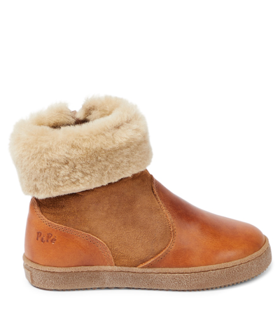 Shop Pèpè Shearling-trimmed Leather And Suede Ankle Boots In Brown