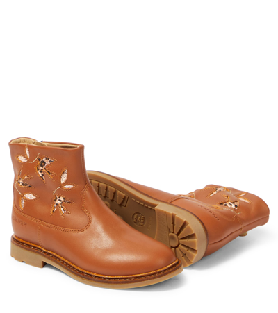 Pom D'api Sister Birdy Embroidered Leather Booties In Beige