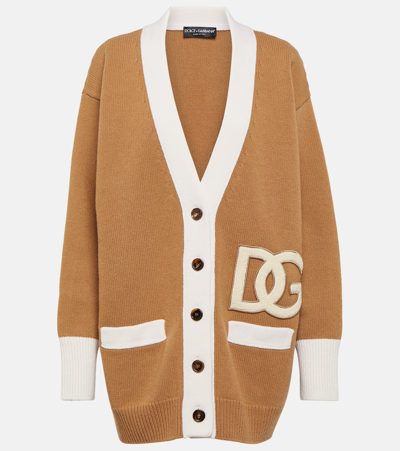 Dolce & Gabbana Logo-patch Virgin Wool Cardigan In Beige