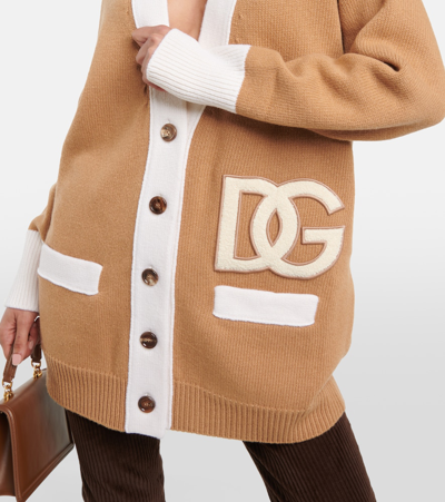Dolce & Gabbana Logo-patch Virgin Wool Cardigan In Beige