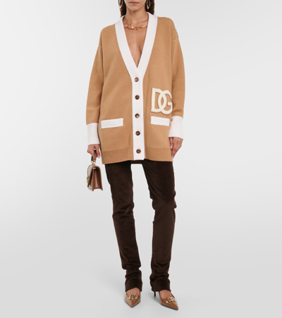 Dolce & Gabbana Logo-patch Virgin Wool Cardigan In Beige