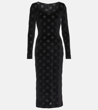 Shop Dolce & Gabbana Logo Velvet Midi Dress In Black