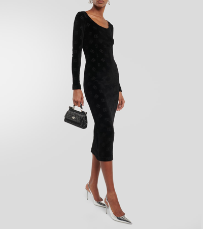 Shop Dolce & Gabbana Logo Velvet Midi Dress In Black