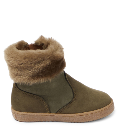 Shop Pèpè Shearling-trimmed Suede Ankle Boots In Green