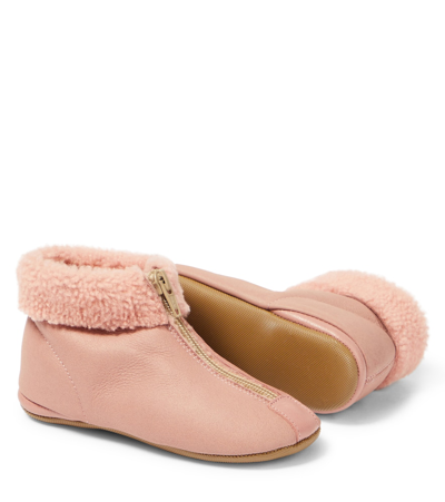 Pèpè Shearling-trimmed Leather Booties In Pink