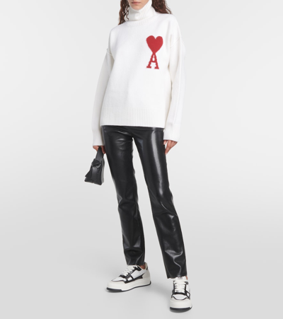 Ami Alexandre Mattiussi Ami De Coeur Intarsia Oversize Funnel Neck Felted Sweater In White
