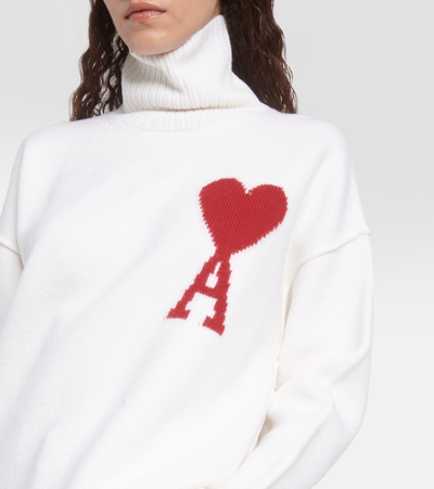 Ami Alexandre Mattiussi Ami De Coeur Intarsia Oversize Funnel Neck Felted Sweater In White