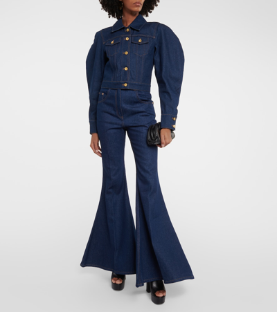 Nina Ricci Puff-sleeve Cropped Denim Jacket In Blue